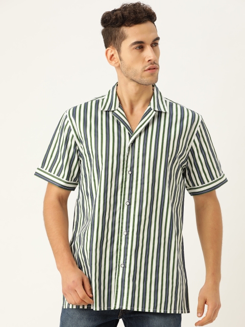 

STROP Men White & Navy Blue Regular Fit Striped Casual Shirt