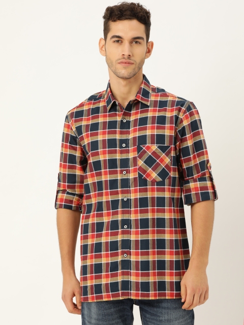 

STROP Men Red & Navy Blue Regular Fit Checked Casual Shirt