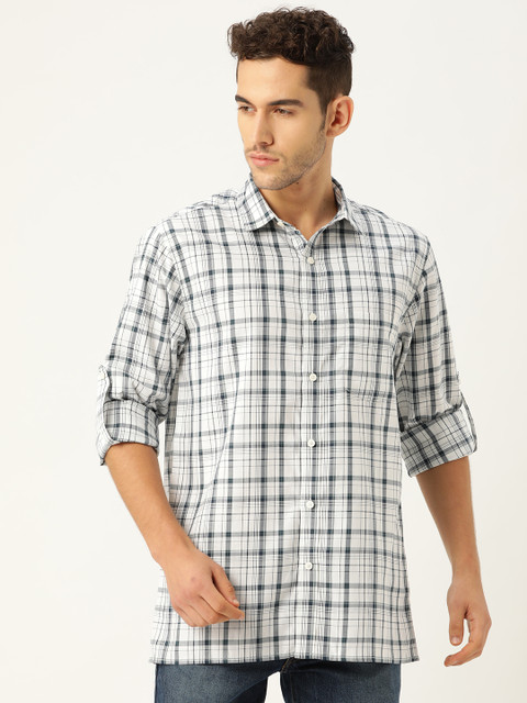 

STROP Men White & Navy Blue Regular Fit Checked Casual Shirt