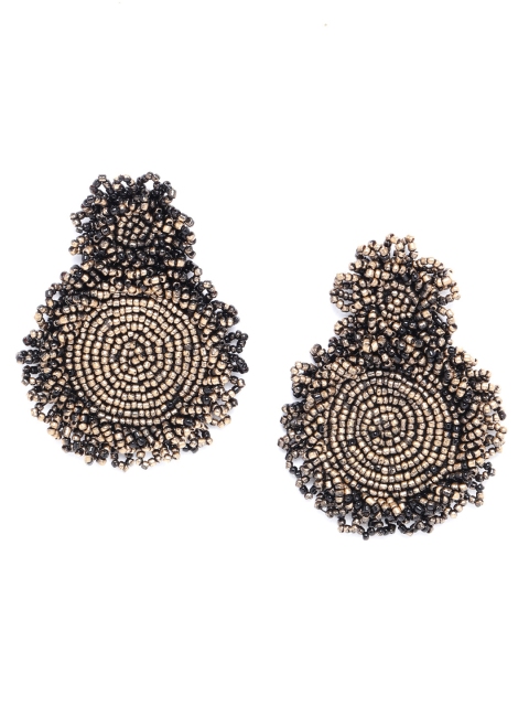 

Blueberry Antique Gold-Toned & Black Beaded Handcrafted Circular Drop Earrings