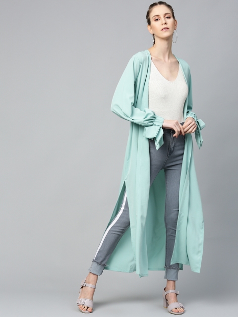

SASSAFRAS Women Sea Green Solid Longline Open Front Shrug