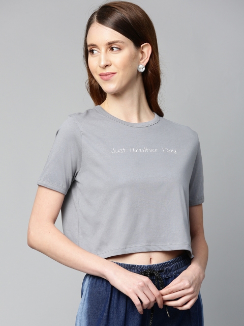 

SASSAFRAS Women Grey Boxy Fit Solid Round Neck Crop T-shirt