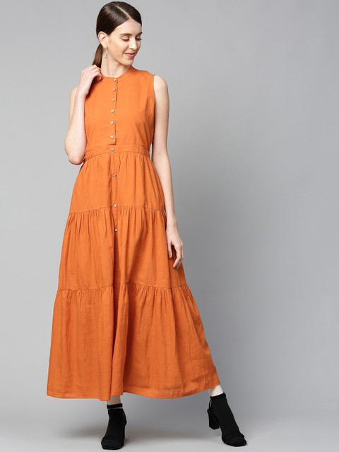 

SASSAFRAS Women Rust Orange Tiered Solid Maxi Dress