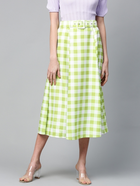 

SASSAFRAS Women Green & White Checked Flared A-Line Midi Skirt With Belt