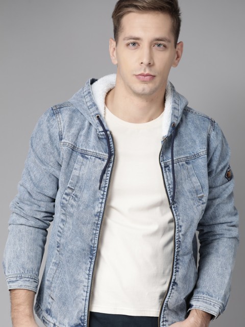 

Roadster Men Blue Washed Hooded Denim Jacket