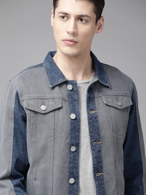 

Roadster Men Grey & Blue Pure Cotton Washed Denim Jacket