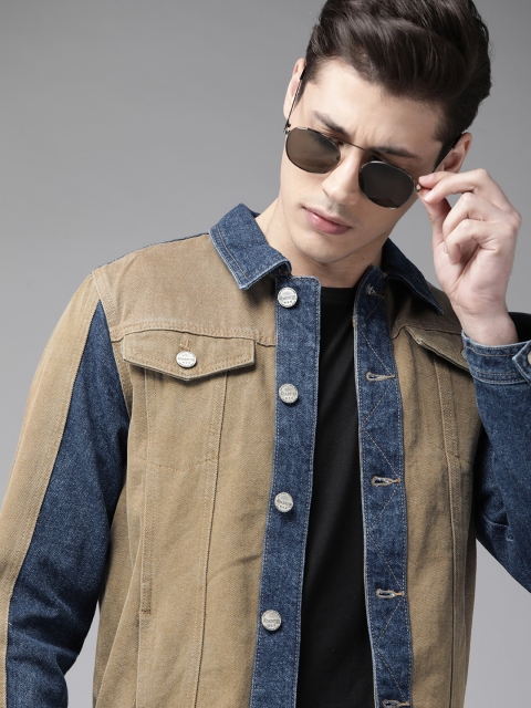 

Roadster Men Olive Brown & Navy Blue Colourblocked Denim Jacket