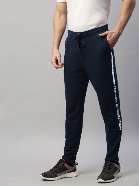 

French Connection Men Navy Blue Solid Slim Fit Side Striped Joggers