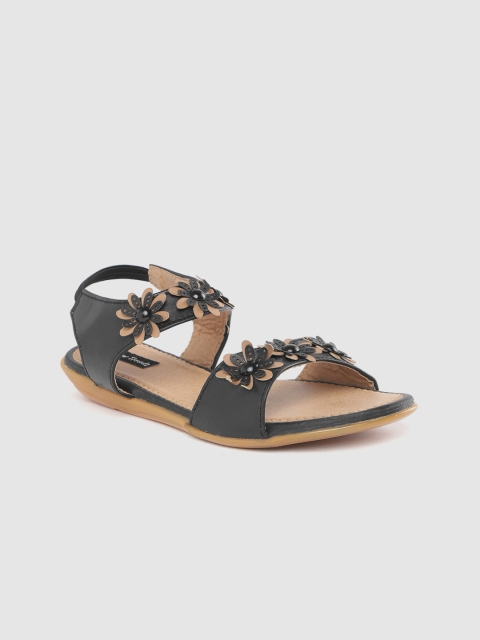 Myra Women Black & Beige Applique Detail Open Toe Flats