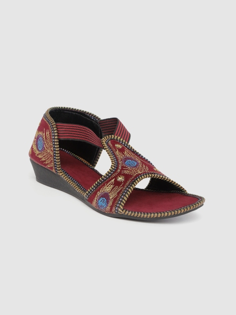 

Myra Women Maroon & Gold-Toned Embroidered Velvet Open Toe Flats