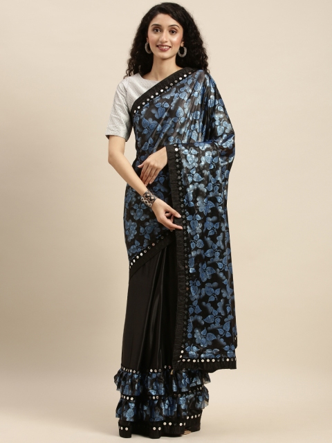 

Silk Bazar Black & Blue Voile Foil Printed Ruffled Saree