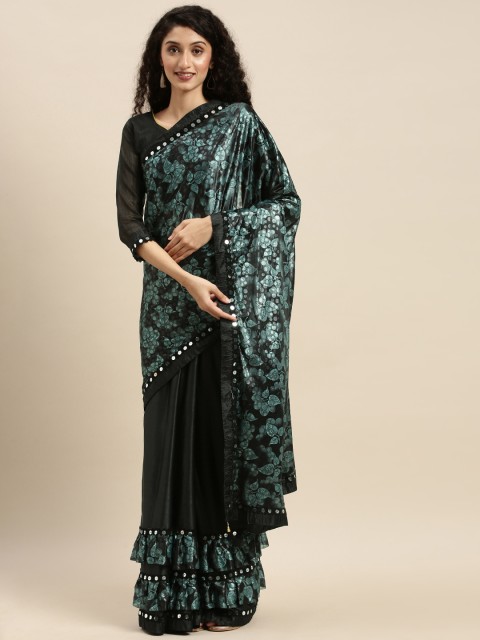 

Silk Bazar Black & Blue Voile Printed Half and Half Saree with Ruffles