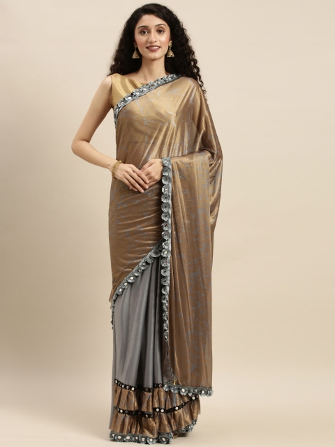

Silk Bazar Grey & Golden Voile Foil Printed Mirror Work Ruffled Saree