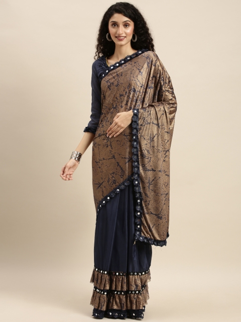

Silk Bazar Navy Blue & Gold-Toned Voile Embellished Saree