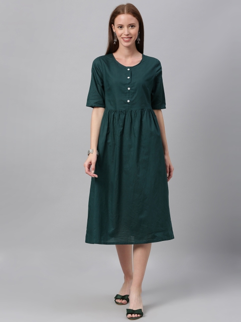 

Anouk Women Green Solid A-Line Dress with Gathers