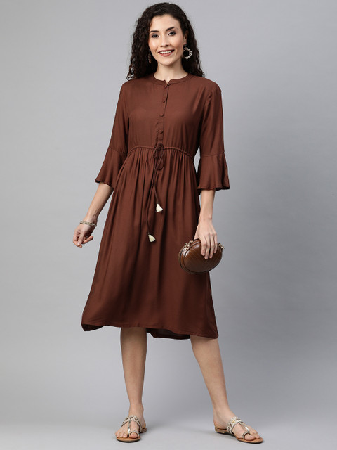 

Anouk Women Brown Solid Fit and Flare Dress