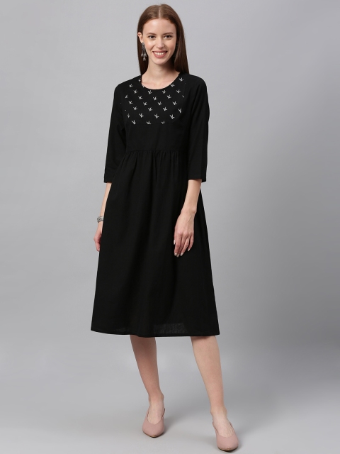 

Anouk Women Black Embroidered A-Line Dress with Gathers