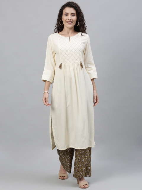 

Anouk Women Off-White & Olive Green Yoke Design Kurta with Palazzos