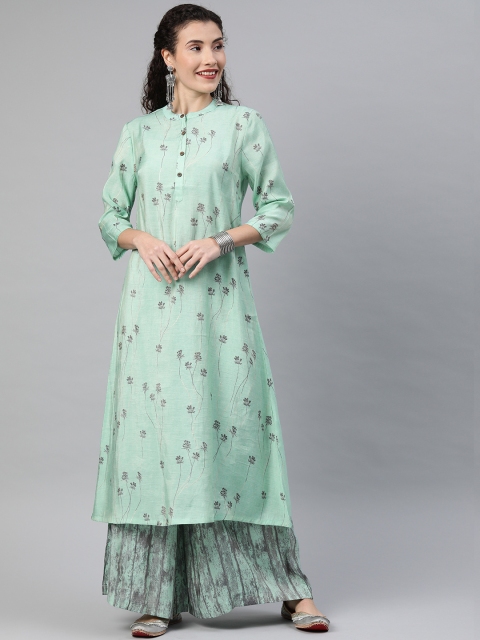 

Anouk Women Sea Green & Grey Floral Printed Kurta with Palazzos