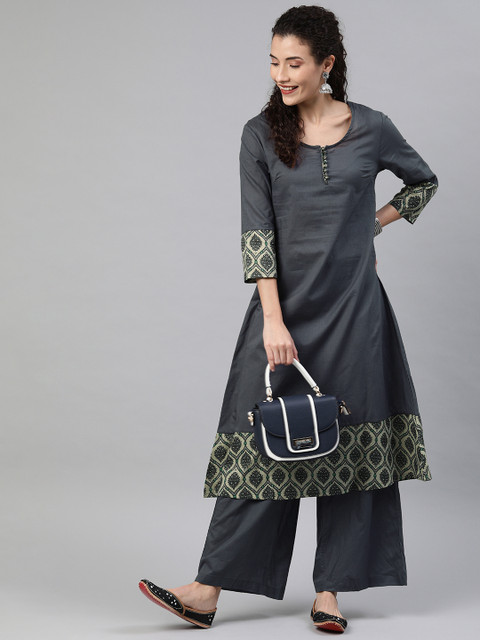 

Anouk Women Grey & Green Yoke Design A-Line Kurta with Palazzos