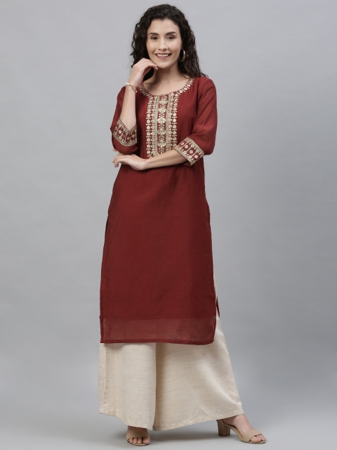 

Anouk Women Maroon & Gold-Coloured Embroidered Yoke Design Straight Kurta