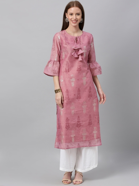 

Anouk Women Pink & Silver-Toned Foil Printed Straight Kurta