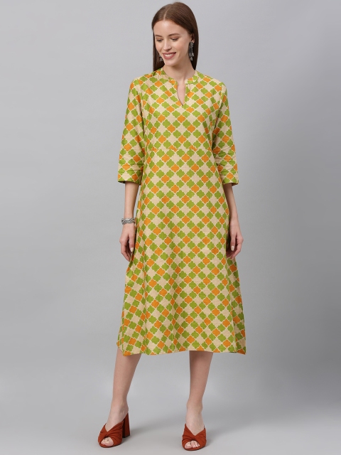

Anouk Women Off-White & Mustard Yellow Printed A-Line Fusion Kurta