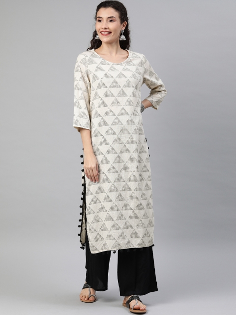 

Anouk Women Off-White & Black Geometric Printed Straight Kurta