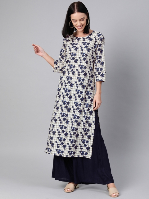 

Anouk Women Off-White & Navy Blue Printed Straight Kurta