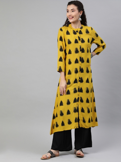 

Anouk Women Mustard Yellow & Black Printed A-Line Kurta