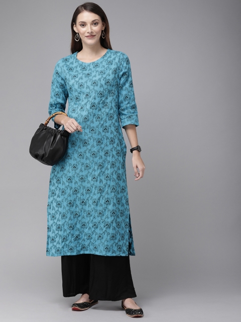 

Anouk Women Teal Blue & Black Printed Straight Kurta