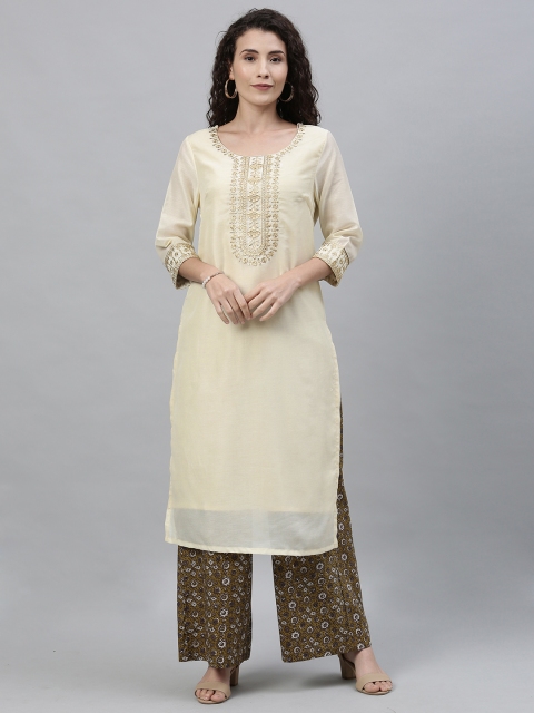 

Anouk Women Off-White & Gold-Coloured Embroidered Straight Kurta