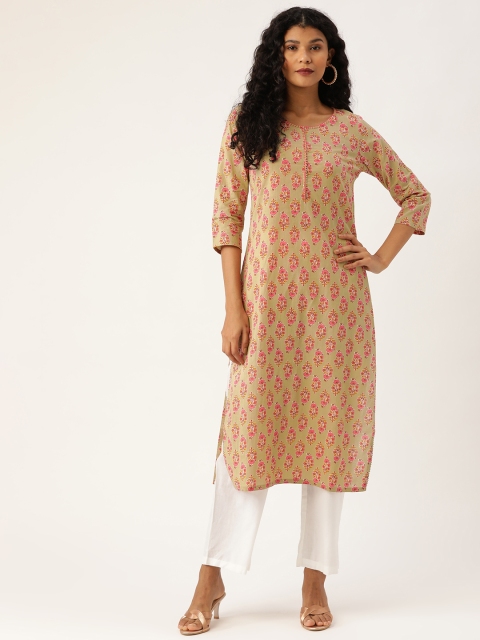 

Prakrti Women Khaki & Pink Sequinned Gotta Patti Printed Straight Kurta