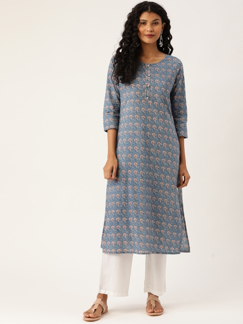 

Prakrti Women Blue & Beige Printed Straight Kurta