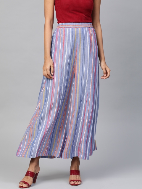 

Laado - Pamper Yourself Women Blue & Orange Striped Flared Panelled Palazzos