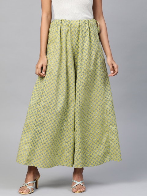 

Laado - Pamper Yourself Women Green & Blue Block Printed Flared Panelled Palazzos
