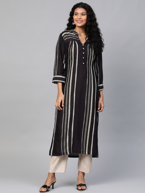 

Laado - Pamper Yourself Women Black & Beige Striped Straight Kurta