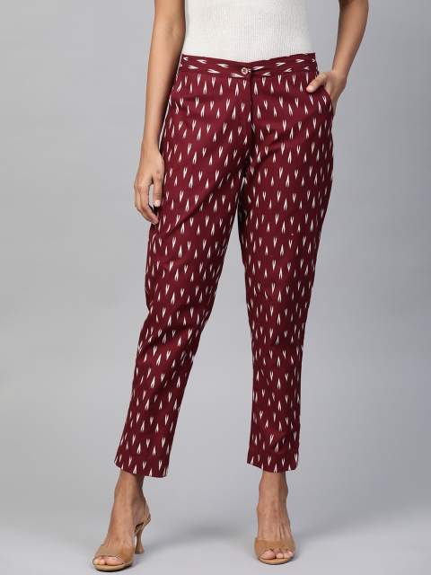 

Laado - Pamper Yourself Women Maroon & White Slim Fit Ikat Printed Cigarette Trousers