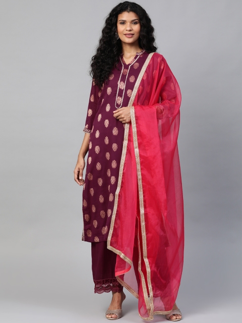 

Laado - Pamper Yourself Women Burgundy & Golden jacquard Woven Design Kurta Set