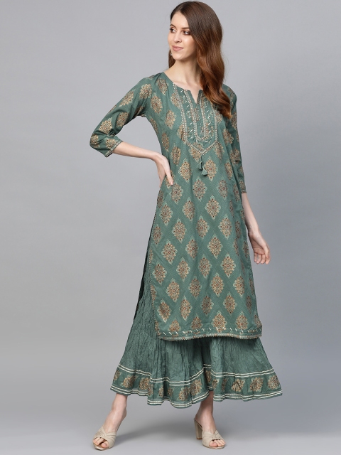 

Anubhutee Women Green & Golden Printed Kurta with Palazzos