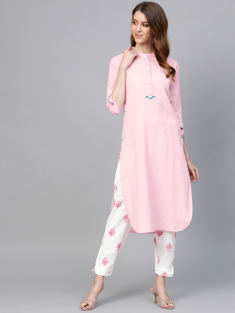 

Anubhutee Women Pink & White Solid Kurta with Trousers