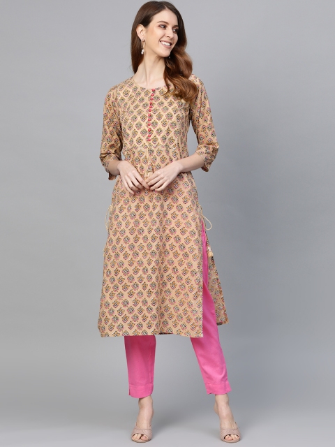 

Anubhutee Women Beige & Pink Printed Kurta with Trousers