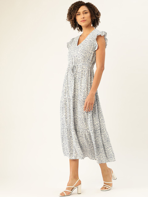

MANGO Women White & Blue Floral Print Sustainable Midi A-Line Dress with Tie-Up