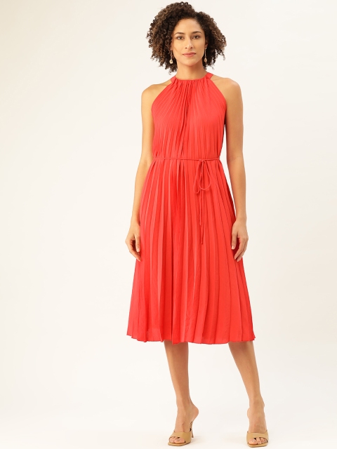 

MANGO Women Red Solid Accordion Pleated Midi A-Line Dress with Belt