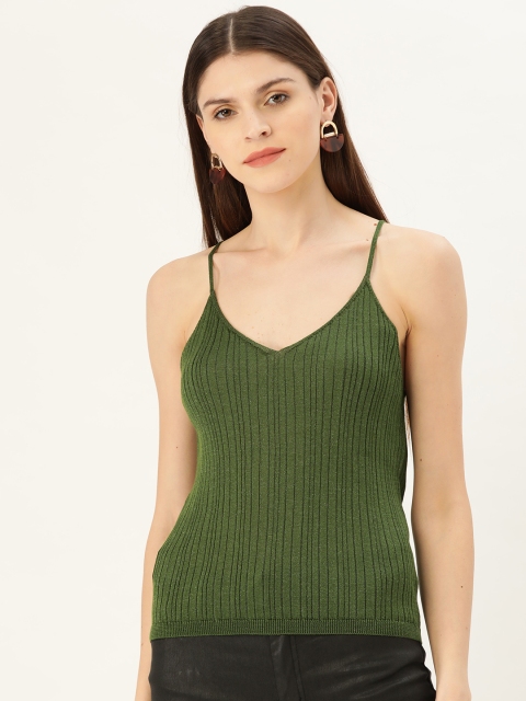 Women Olive Green Self-Striped Top