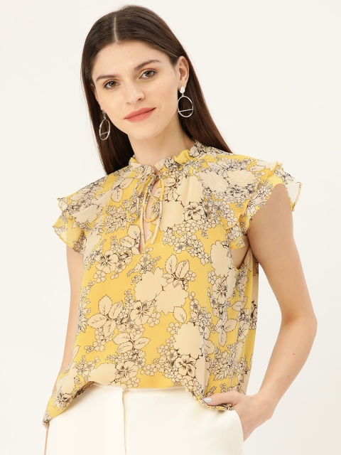 

MANGO Women Mustard Yellow & Off-White Floral Print Top