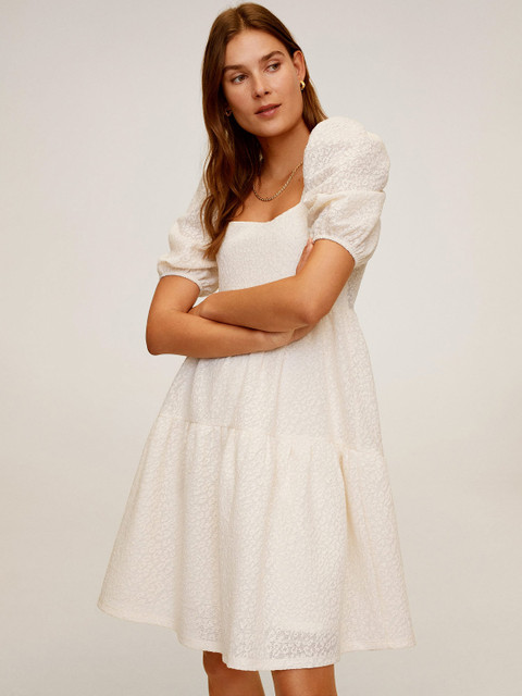 

MANGO Women Off-White Lace Tiered A-Line Dress