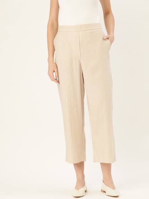 

MANGO Women Beige & White Regular Fit Striped Regular Cropped Trousers