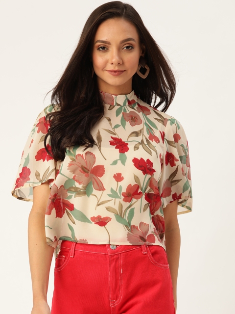 

20Dresses Women Cream-Coloured & Maroon Floral Printed Semi-Sheer Boxy Top