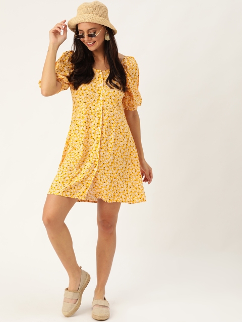 

20Dresses Women Yellow & White Floral Printed A-Line Dress
